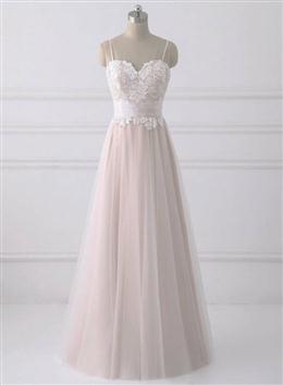 Picture of Pink Lace Top Sweetheart Straps A-line Tulle Prom Dresses, Pink Formal Dresses Evening Dresses